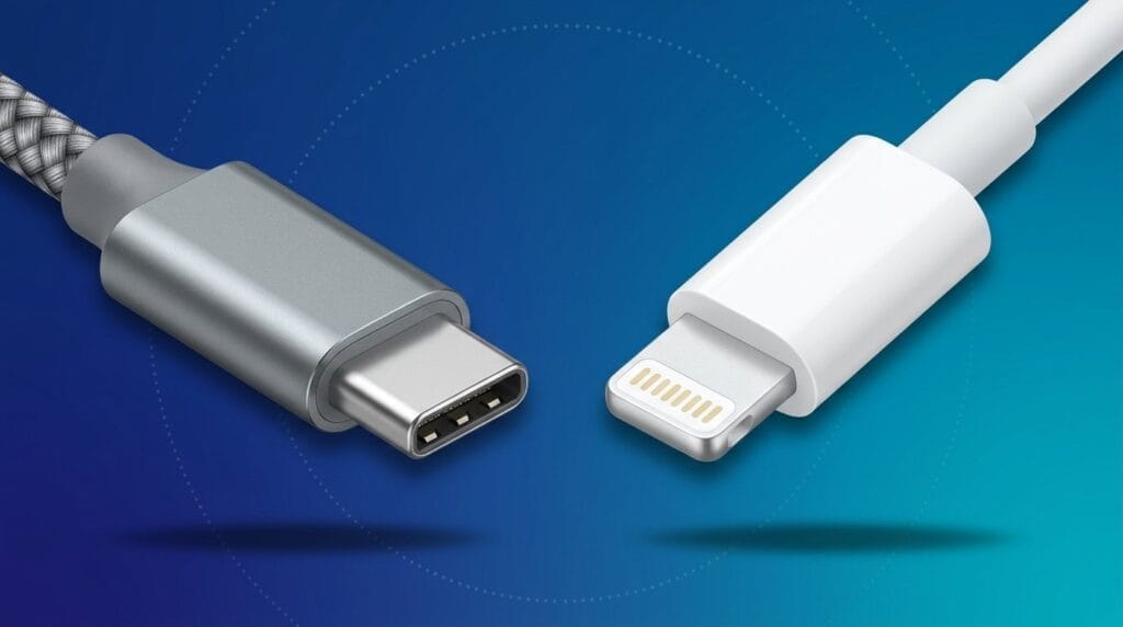 USB-C and Lightning charging cables side by side on a blue background