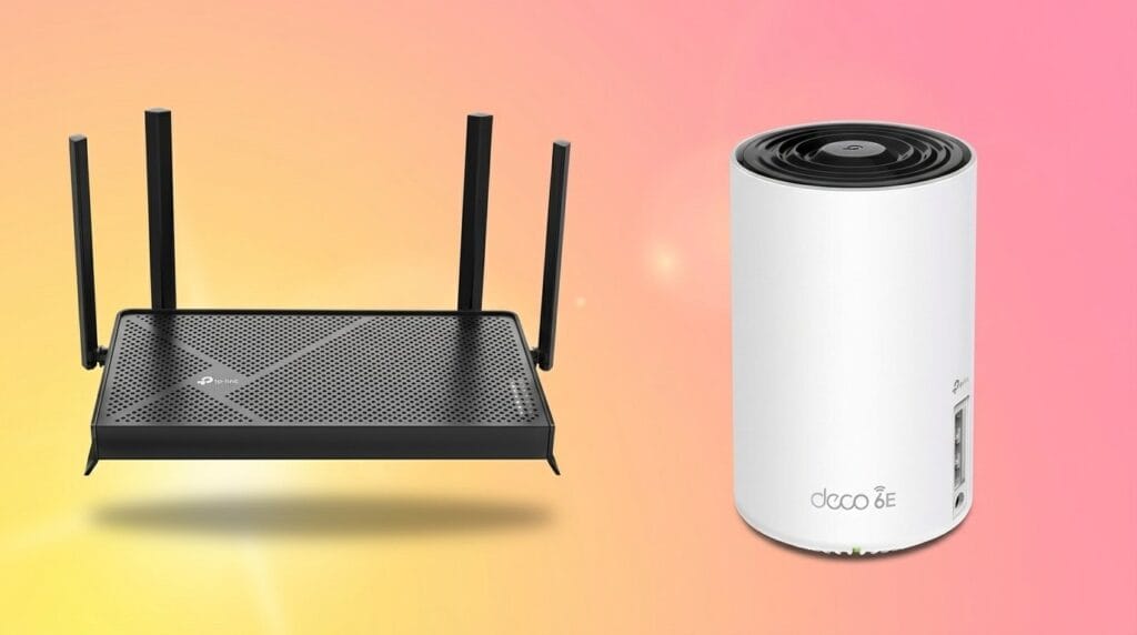 Traditional Wi-Fi router beside a modern mesh Wi-Fi device on a shelf, comparing dual band and tri band mesh systems