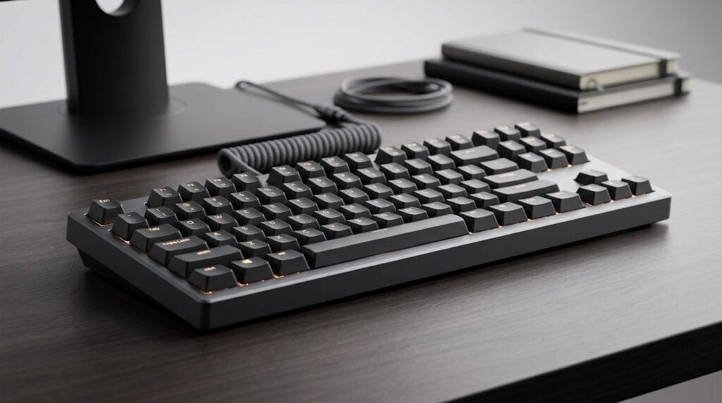 Mechanical keyboard with coiled cable on a modern black desk setup under soft light