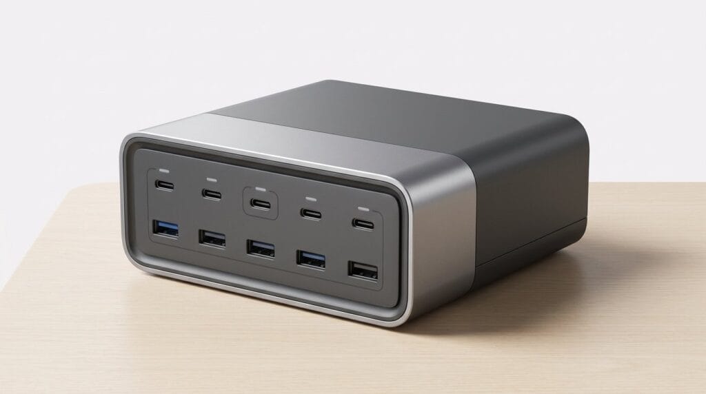 Compact USB charging station with multiple USB-A and USB-C ports on a minimal surface with soft light.