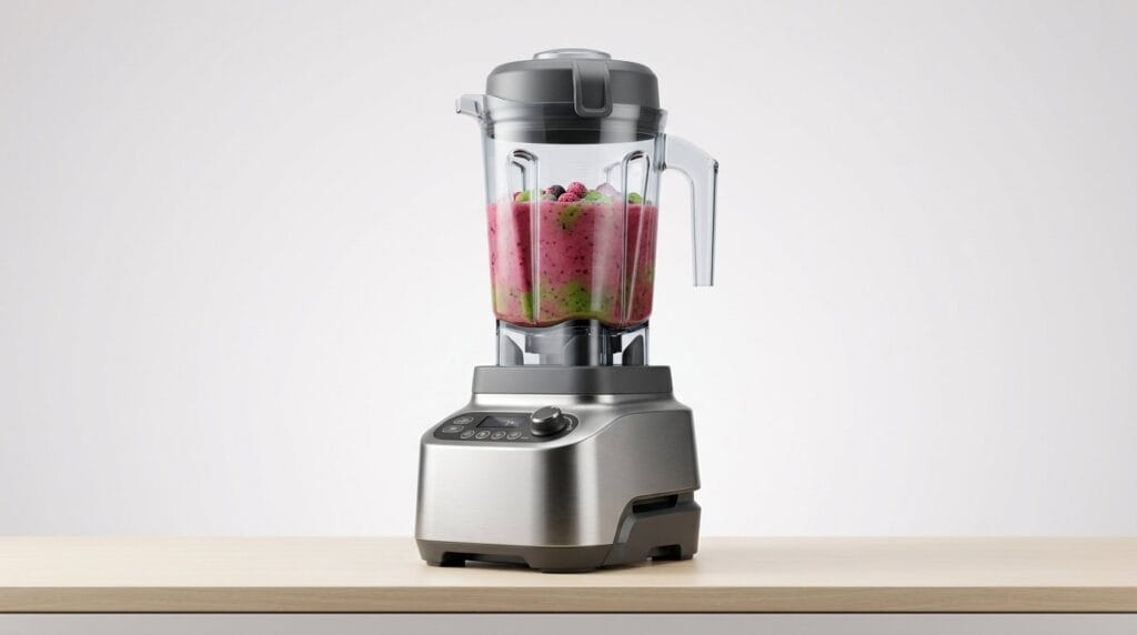 High-performance blender with a fruit smoothie on a kitchen countertop, featured in a blenders for smoothies guide