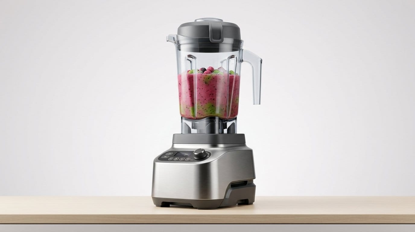 High-performance blender with a fruit smoothie on a kitchen countertop, featured in a blenders for smoothies guide