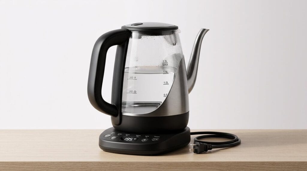 Electric glass kettle with black handle and base on a wooden surface, lit by soft directional light.