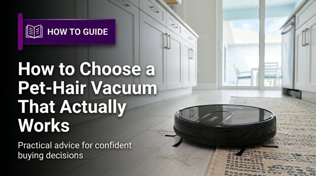 Robot vacuum on a minimalist surface with soft directional light for a pet-hair vacuum guide