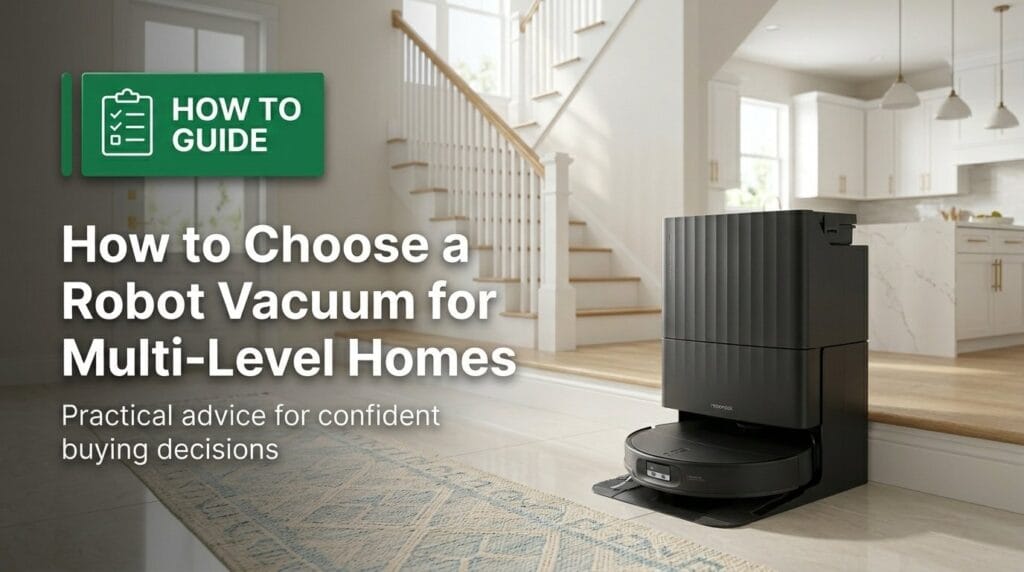 Roborock Q Revo on a minimal surface with soft directional light for a multi-level home vacuum guide