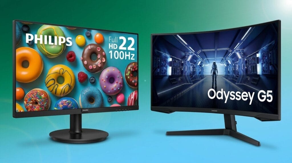 Philips 22-inch Full HD monitor beside Samsung Odyssey G5 gaming monitor on a minimal surface with soft light