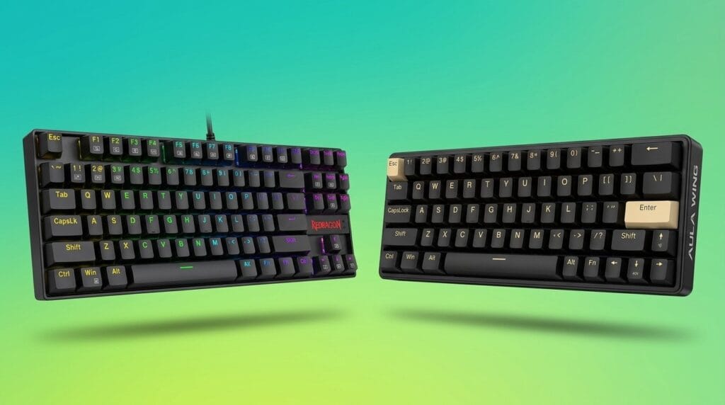 Compact mechanical keyboards with customizable keycaps on a gradient background, side by side comparison