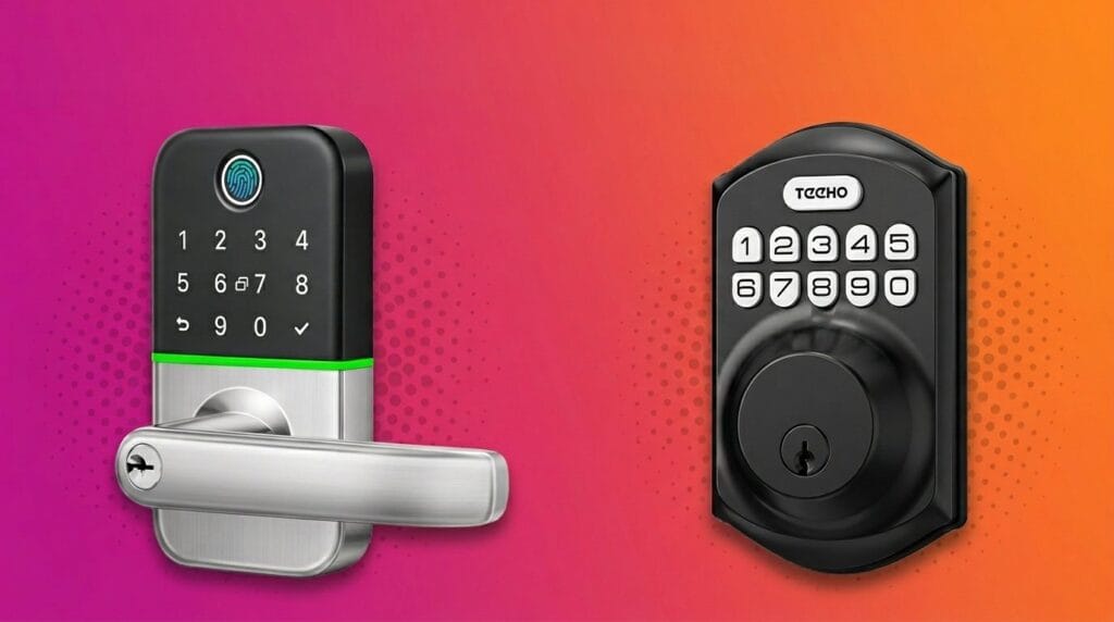 Smart lock and keypad lock side by side on a minimal surface with soft directional light.