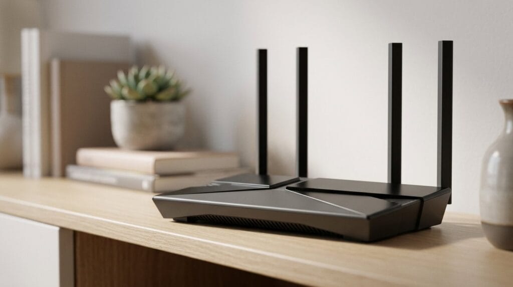 Wi‑Fi router with four antennas on a wooden shelf in a home setting