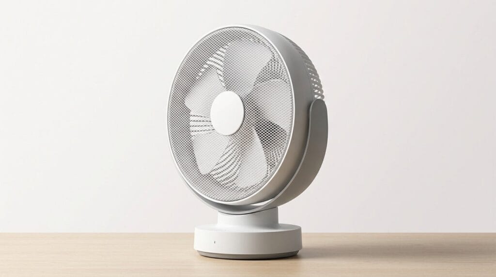 Compact white tabletop fan on a wooden surface against a plain background, with soft light
