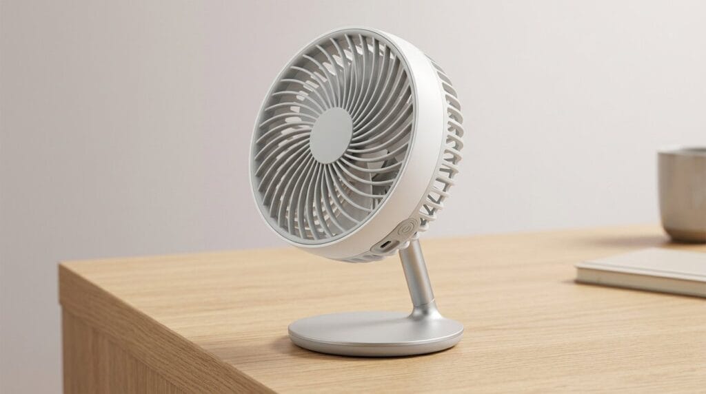 Compact white desk fan on a wooden table for personal cooling, with soft studio lighting.