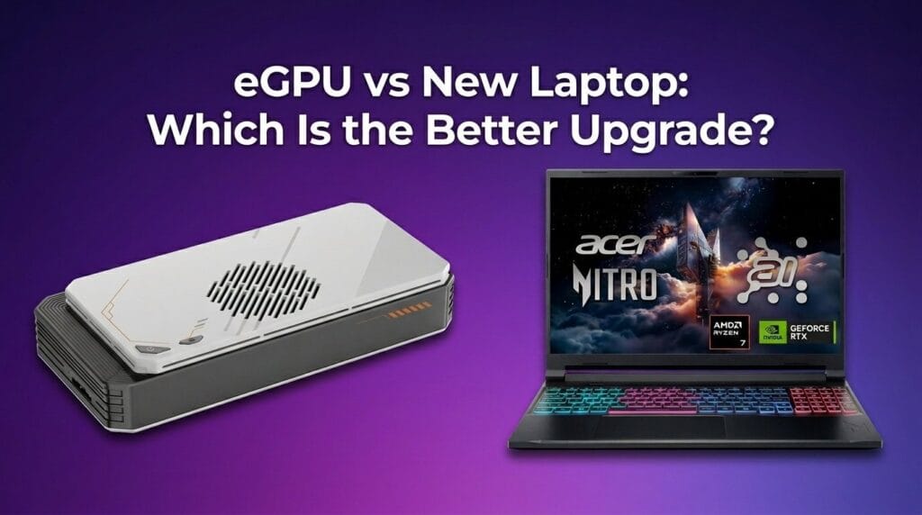Side-by-side comparison of eGPU vs new laptop on a minimal desk surface.