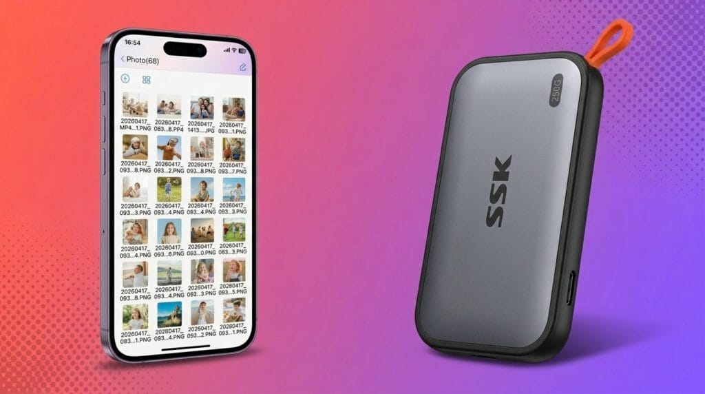 Portable SSK external SSD beside a smartphone displaying photo storage on a minimal surface with soft light