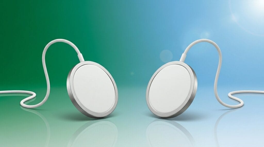 MagSafe-style and Qi2 wireless charging pads with cables on a reflective surface