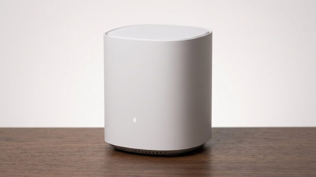 Compact white wireless router on a wooden surface against a plain background, with soft light.