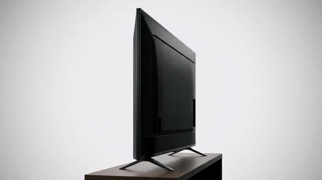 Side view of a modern flat-screen TV on a stand against a plain background, with soft directional light.
