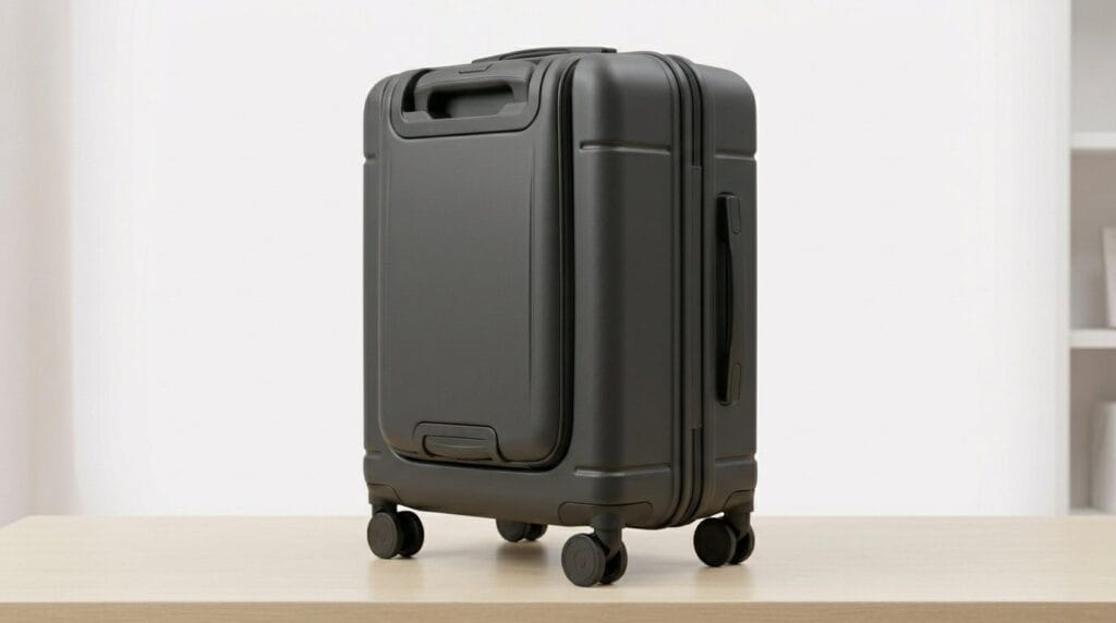Compact black hard-shell suitcase on a table with four wheels, shown as a product hero image for travel luggage sets.