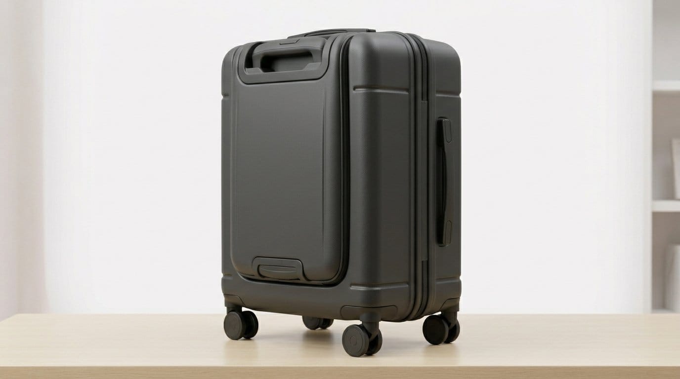 Compact black hard-shell suitcase on a table with four wheels, shown as a product hero image for travel luggage sets.