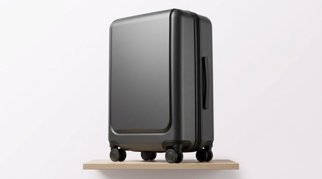 Black hard-shell carry-on suitcase with spinner wheels on a minimalist platform in soft light