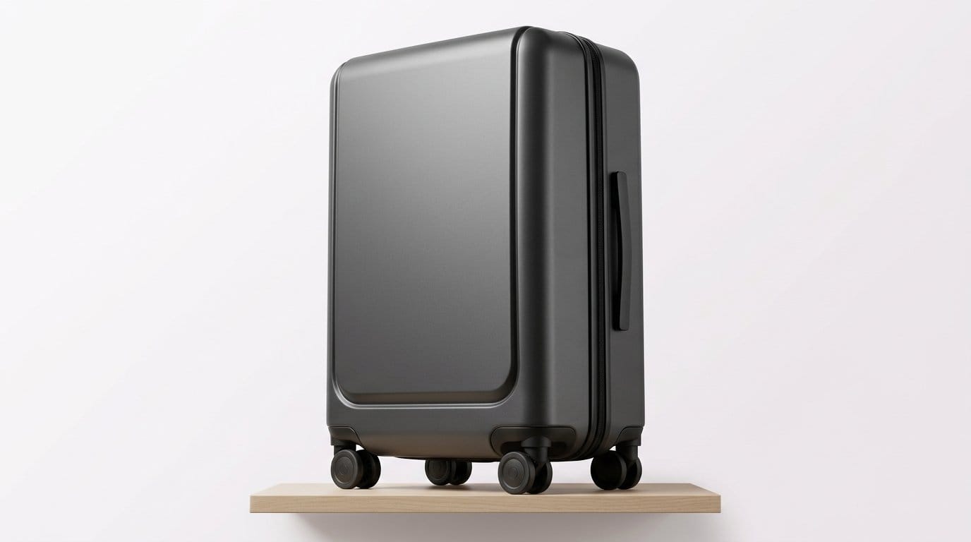 Black hard-shell carry-on suitcase with spinner wheels on a minimalist platform in soft light