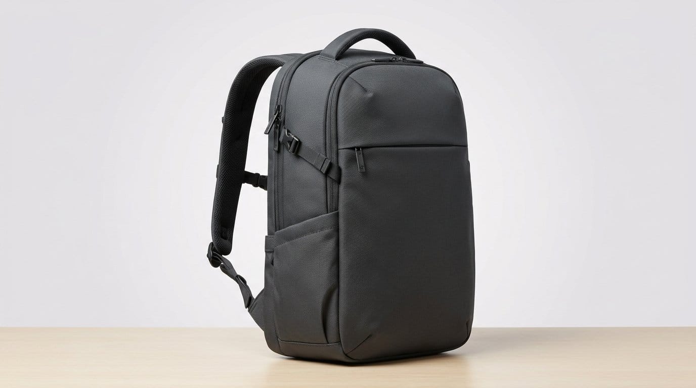 Sleek black ergonomic work backpack with multiple compartments on a wooden surface in soft light