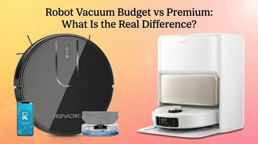 Budget and premium robot vacuums compared side by side on a minimal surface with soft light
