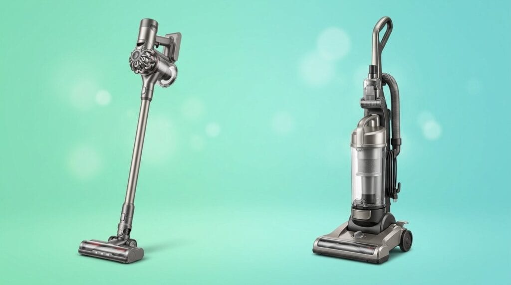 Cordless stick vacuum and upright vacuum side by side on a light green background.