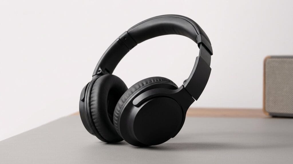 Black wireless over-ear headphones on a gray surface with soft directional light