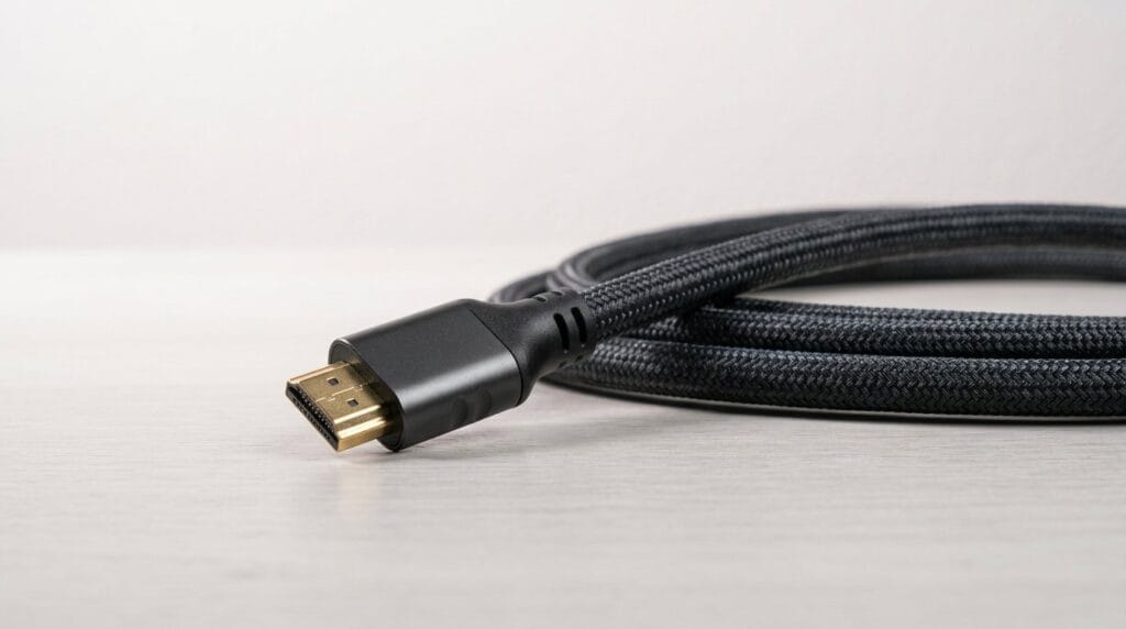 Close-up of a black HDMI cable on a light surface with soft directional lighting