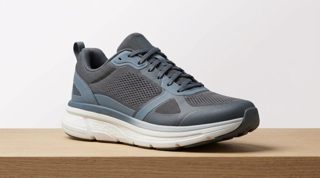 Gray athletic walking shoe with white sole on a wooden surface in soft light for an all-day comfort guide