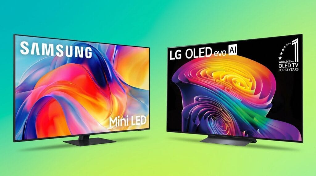 Samsung Mini LED TV and LG OLED AI TV side by side with vibrant display screens