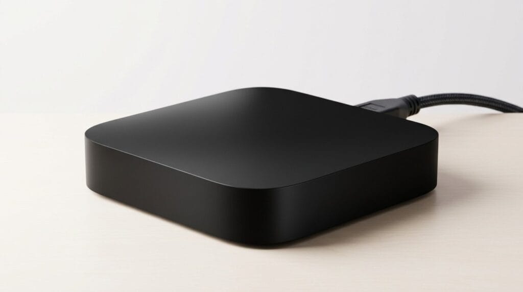 Black external hard drive with USB cable on a white background
