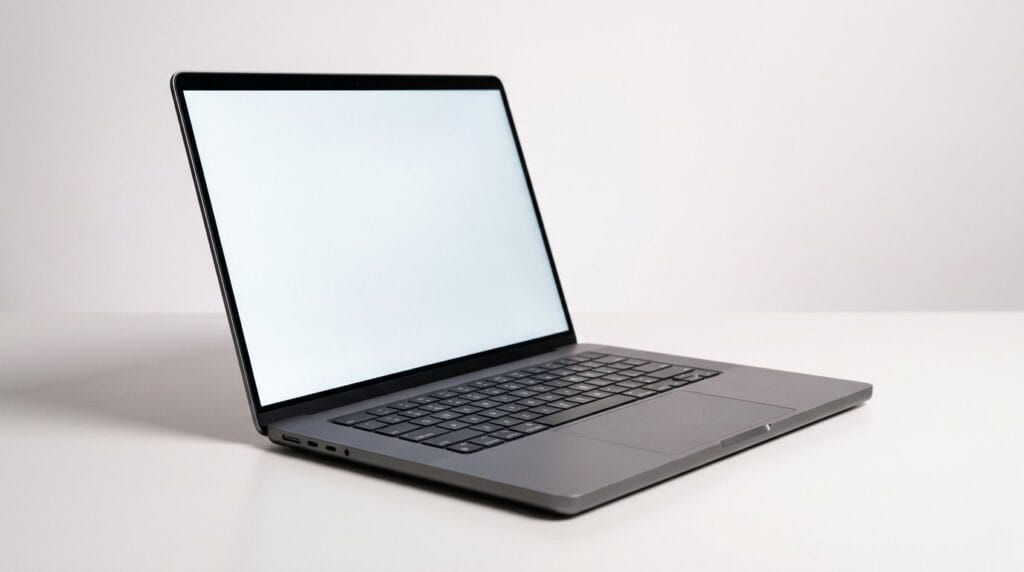 Sleek modern laptop with blank screen on a white surface.
