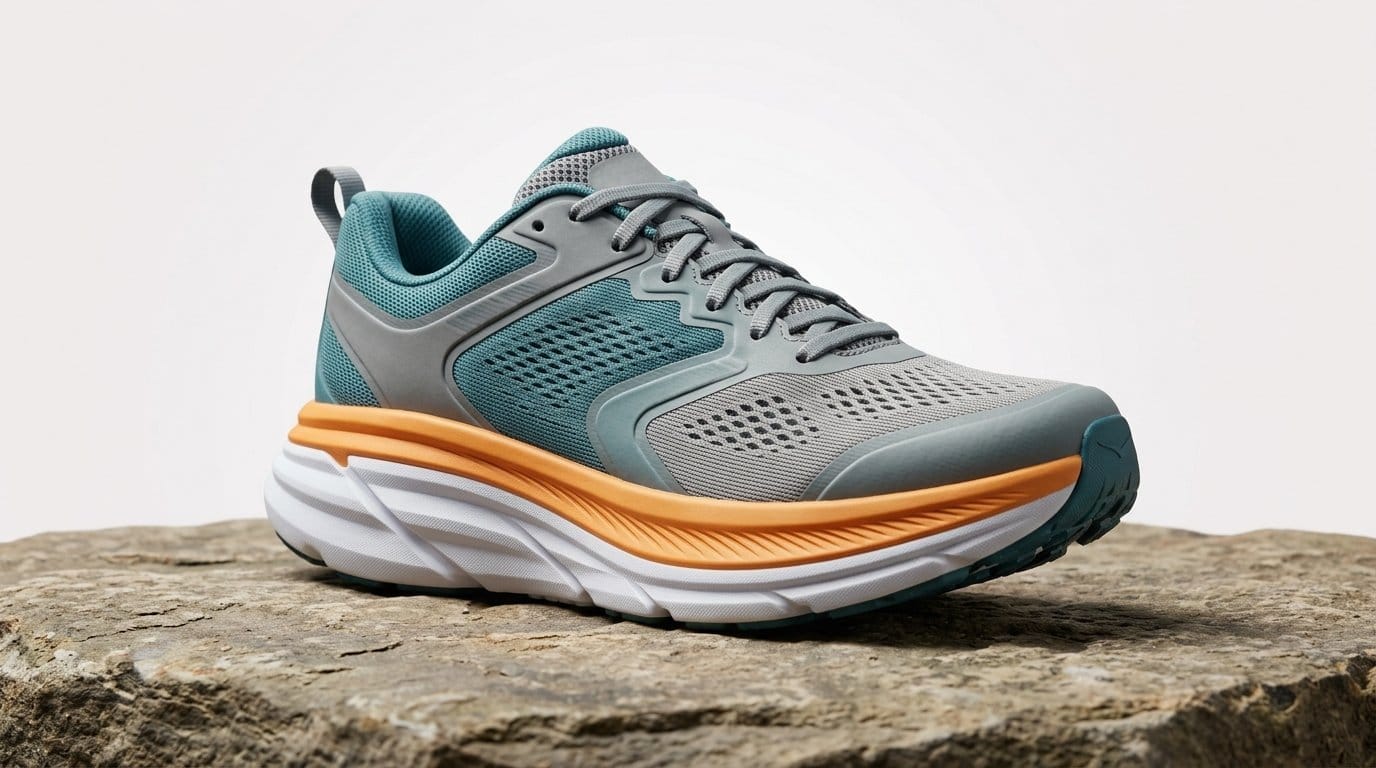 Gray and teal cushioned running shoe with orange accents on a rock outdoors for beginners guide