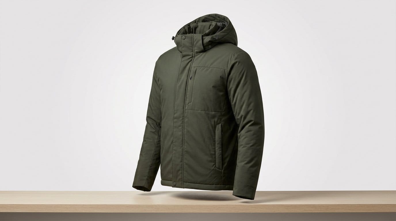 Men’s olive green insulated hooded winter jacket on a wooden surface, shown as a featured product image.