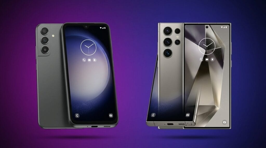 Two modern smartphones on a purple gradient background for a midrange phone vs flagship comparison