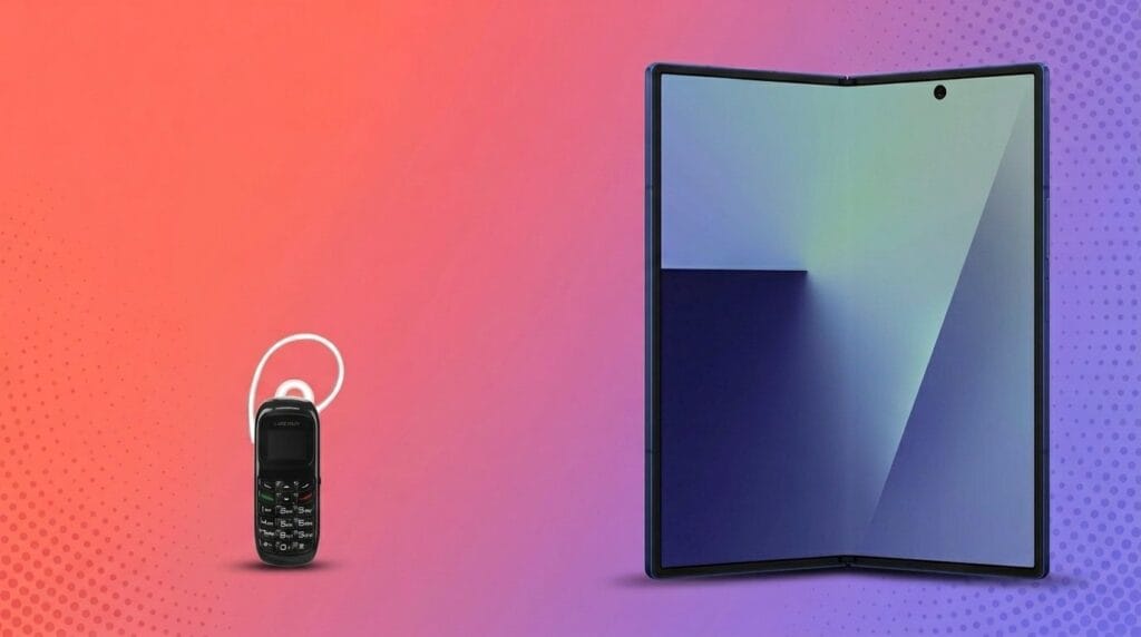 Old mobile phone and modern foldable smartphone side by side on a colorful gradient background