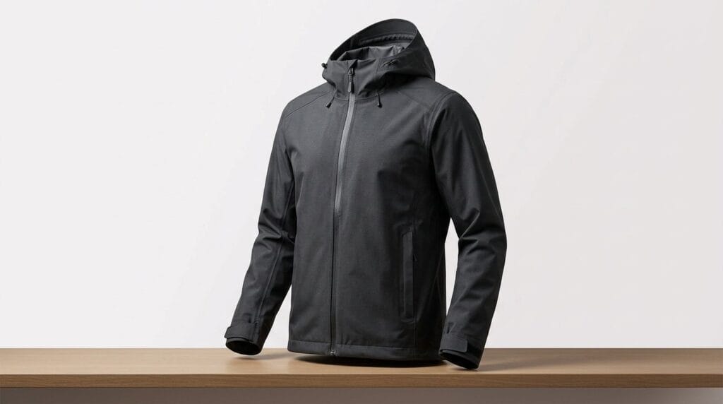 Black waterproof hooded jacket on a wooden surface against a plain background.