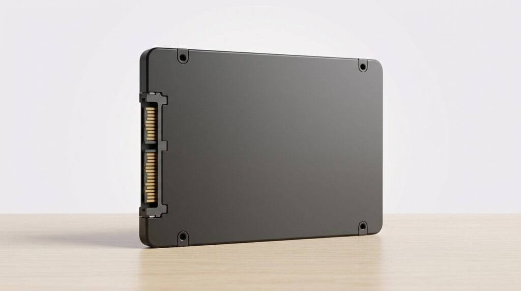SSD storage device on a wooden surface with soft directional light