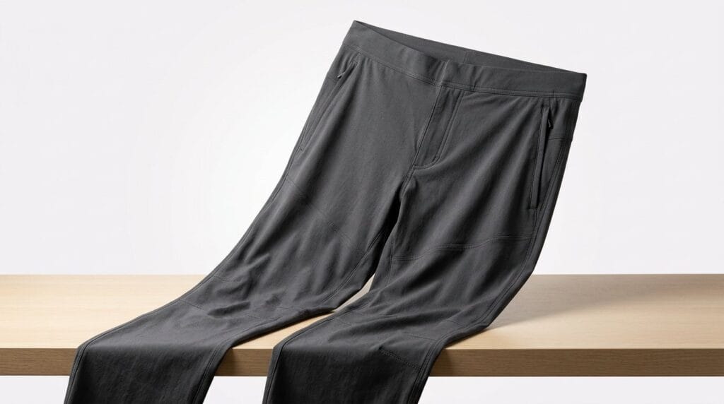 Black casual travel pants displayed on a wooden surface against a white background
