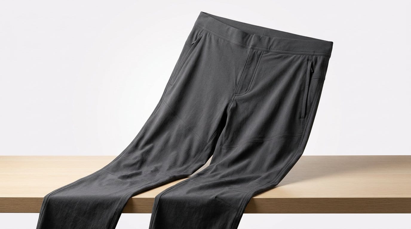 Black casual travel pants displayed on a wooden surface against a white background