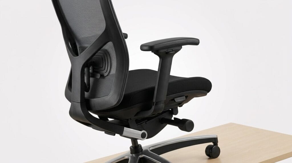Ergonomic black office chair with mesh backrest and adjustable armrests on a wooden floor.