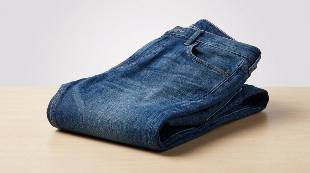 Folded blue jeans on a wooden surface, featured image for Most Comfortable Jeans for Everyday Wear.