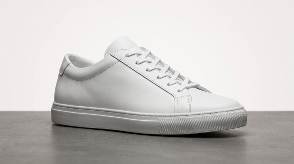 Minimalist white leather sneaker on a gray surface with soft directional light, for a casual outfits guide