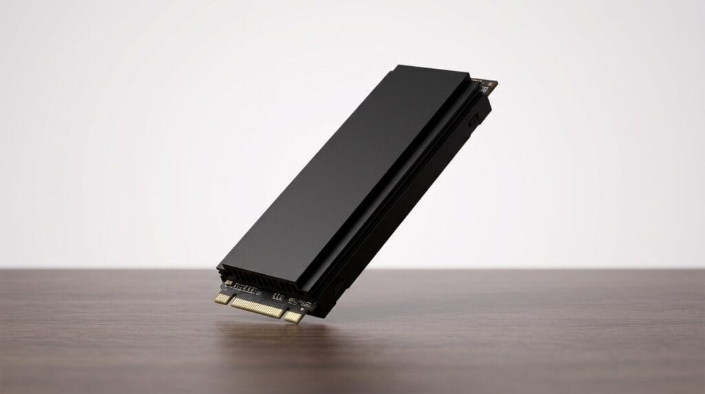 NVMe SSD floating above a wooden surface under soft directional light