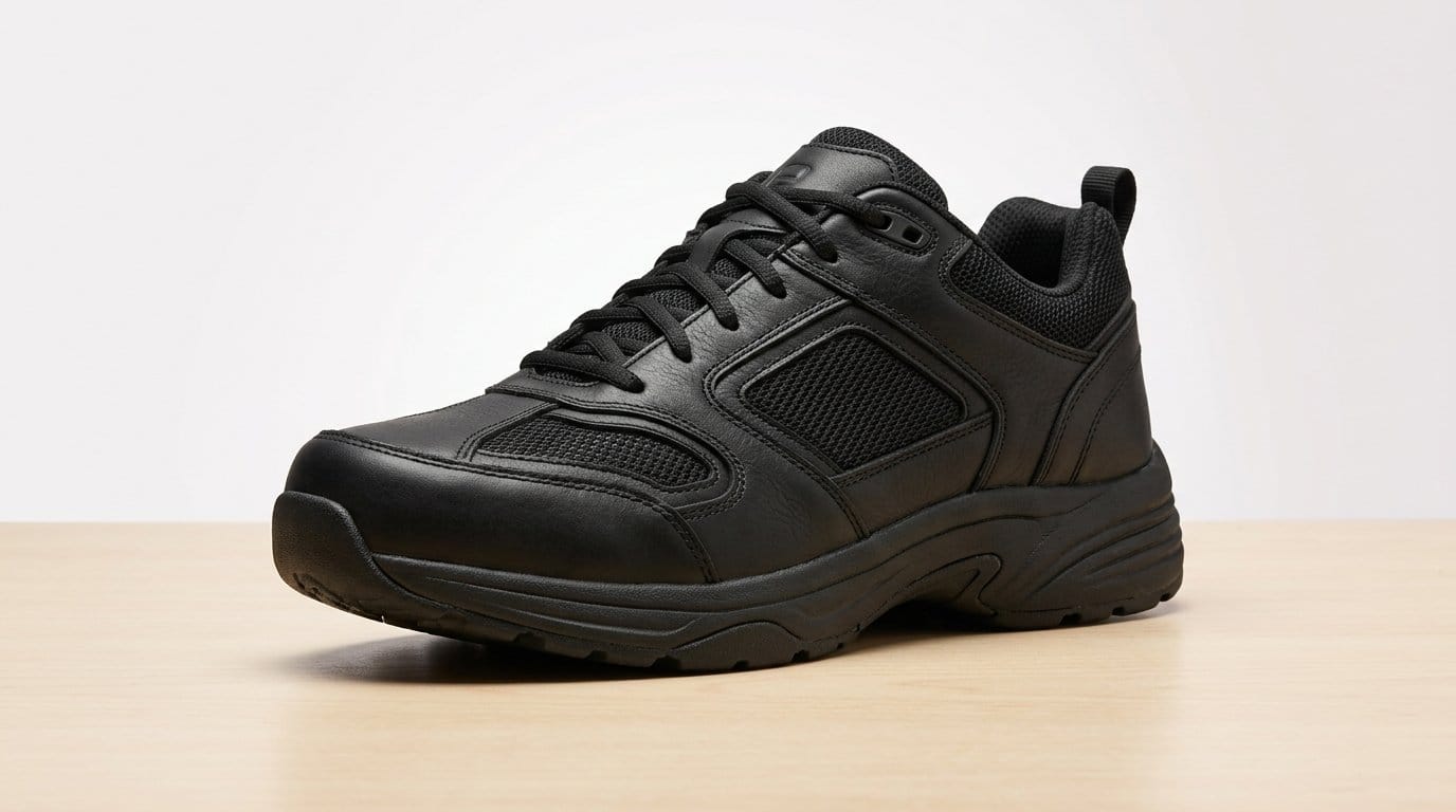 Black athletic work shoe on a wooden surface against a white background.