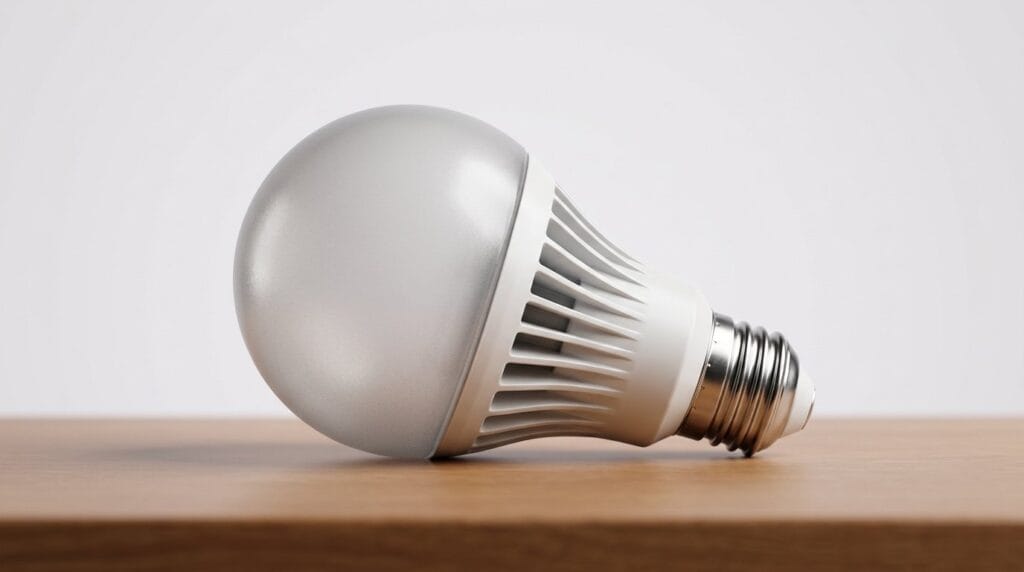Energy-efficient LED light bulb on a wooden surface with soft directional light.