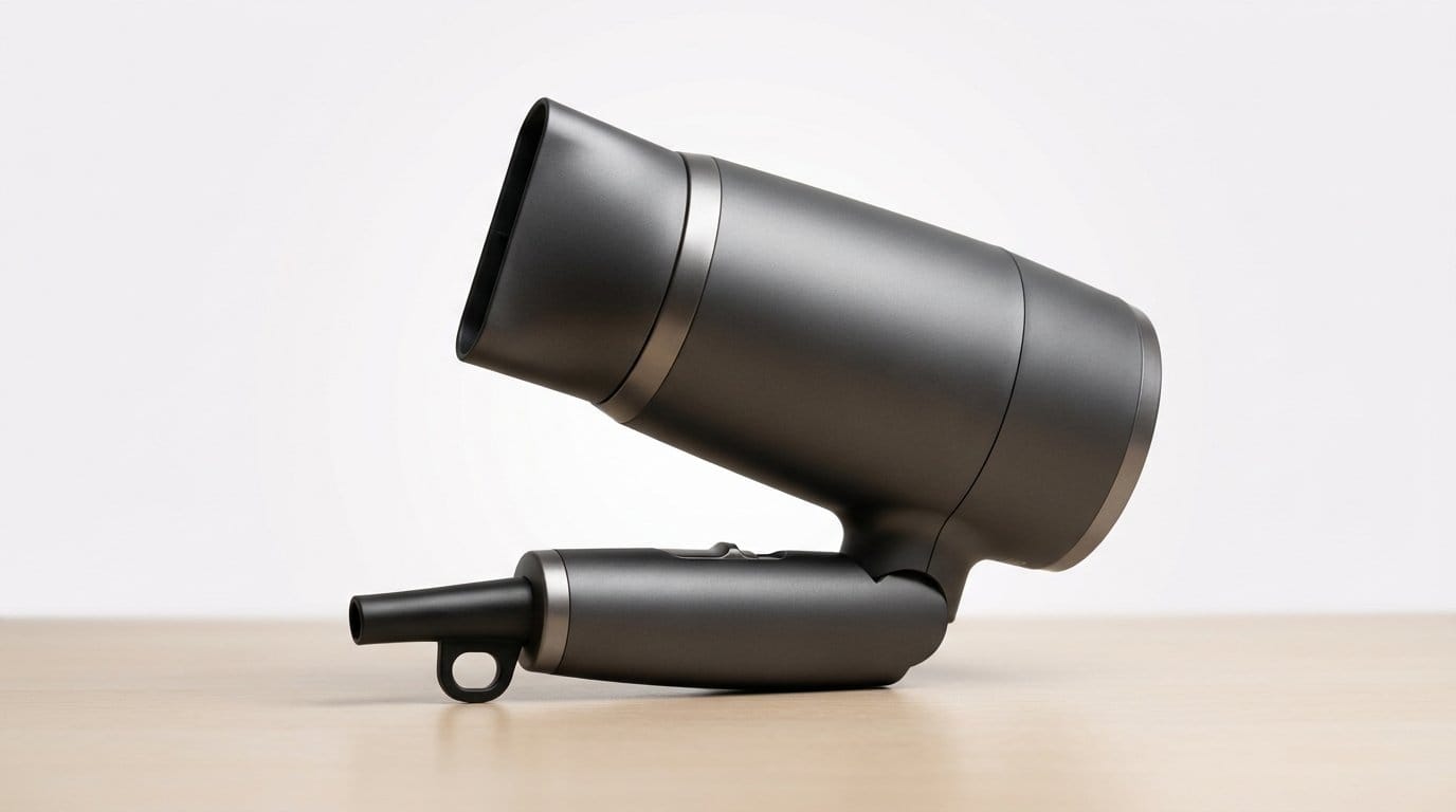 Compact black travel hair dryer on a wooden surface with soft directional light.