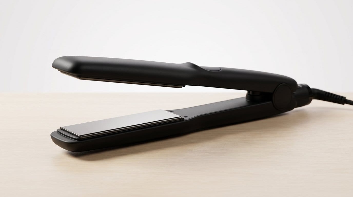 Black hair straightener on a wooden surface with soft light, featured for a smooth hair without damage guide