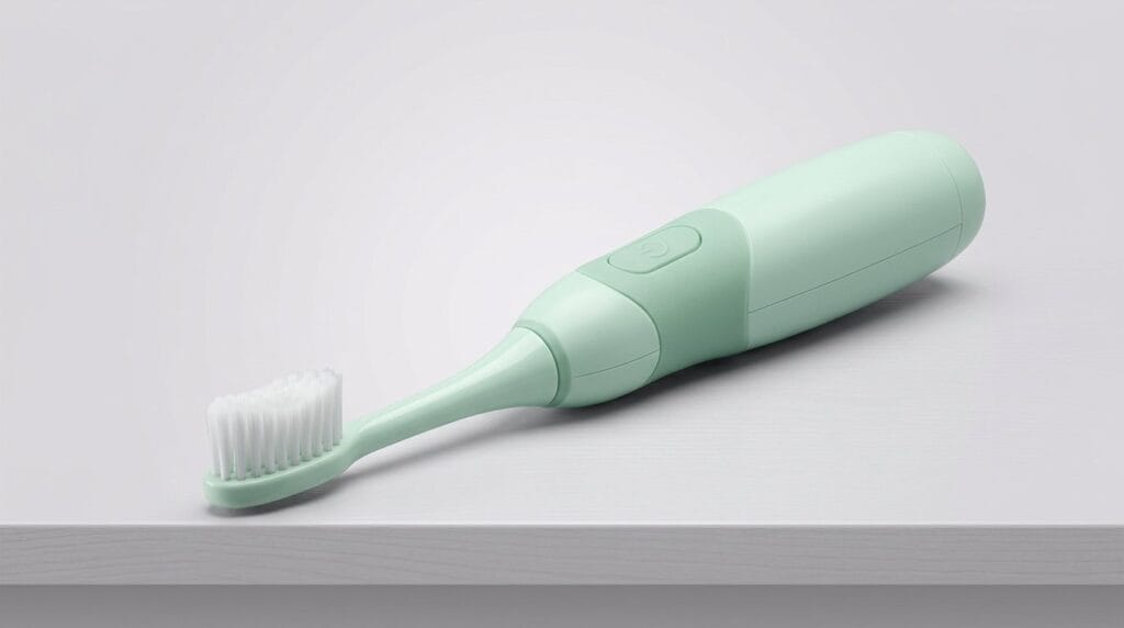 Mint green electric toothbrush with soft bristles on a white surface, featuring sensitive teeth guide art